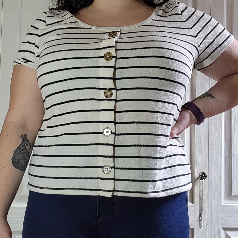 Striped Tee with Faux Buttons